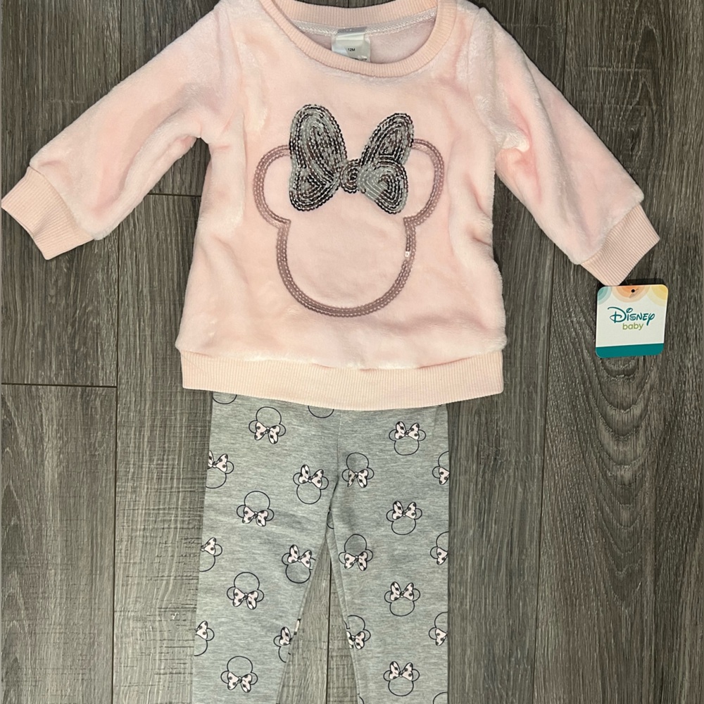 NEW Disney Minnie Mouse Girls 2 Piece Pink Sequin Sweatshirt Leggings Set 12 M